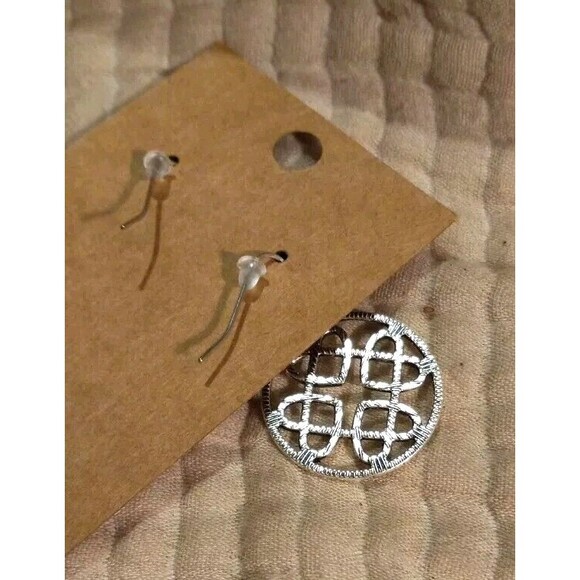 Silver Look Round Dangle Earrings Intertwined Hearts One Inch - Picture 3 of 4